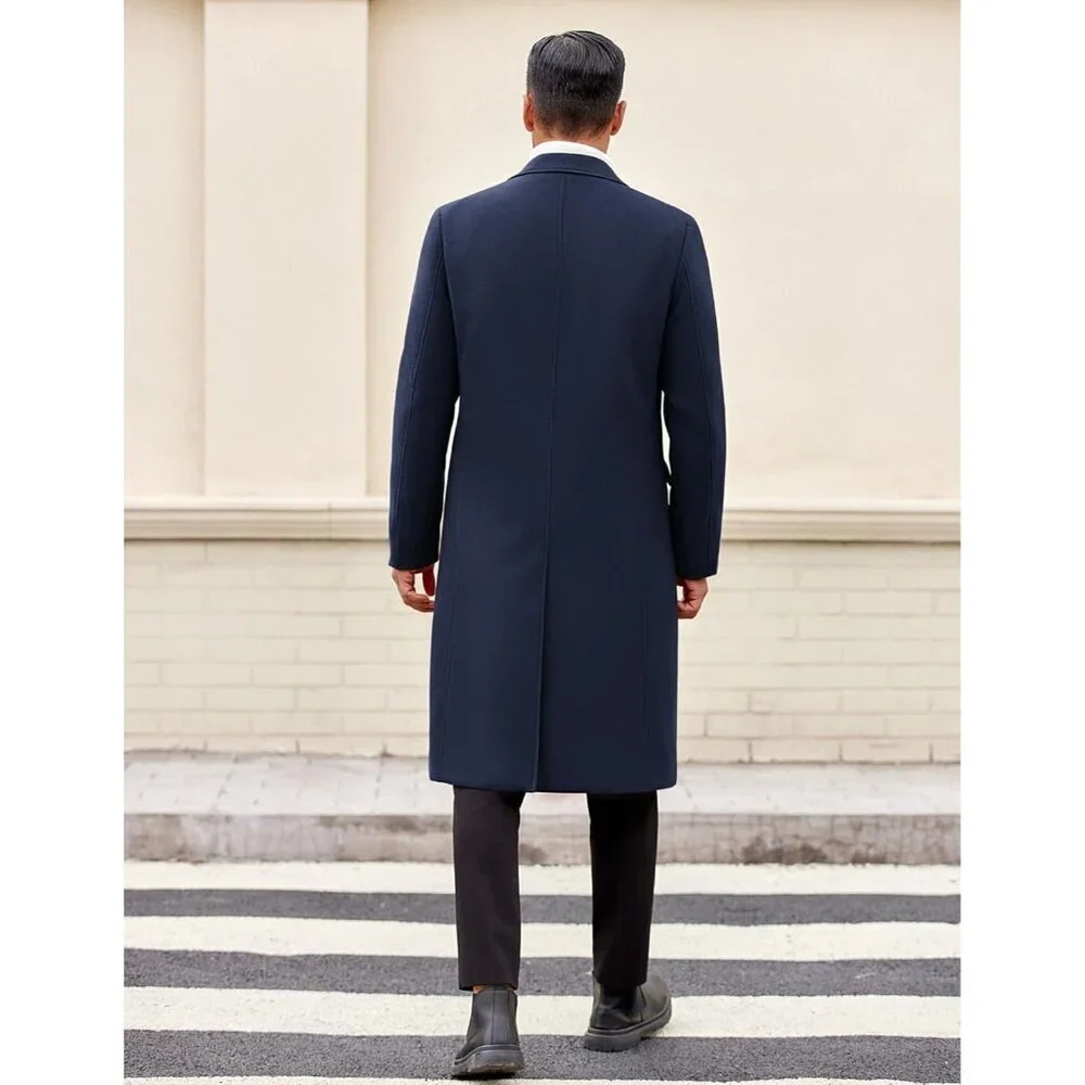 Men's Navy Blue Trench Coat Long Casual Notched Collar Wool Blend Pea coat
